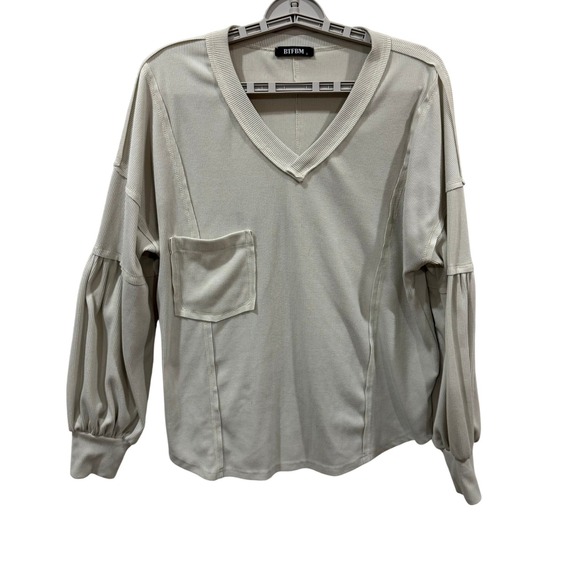 BTFBM Tops - BTFBM Womens Cream Ribbed V-Neck Balloon Sleeve Pocket Top Small 7091